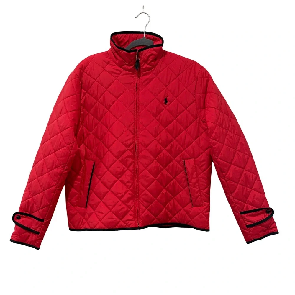 Ralph Lauren Sport Quilted Jacket Womens XL Red Diamond Mock‎ Neck Zip Puffer